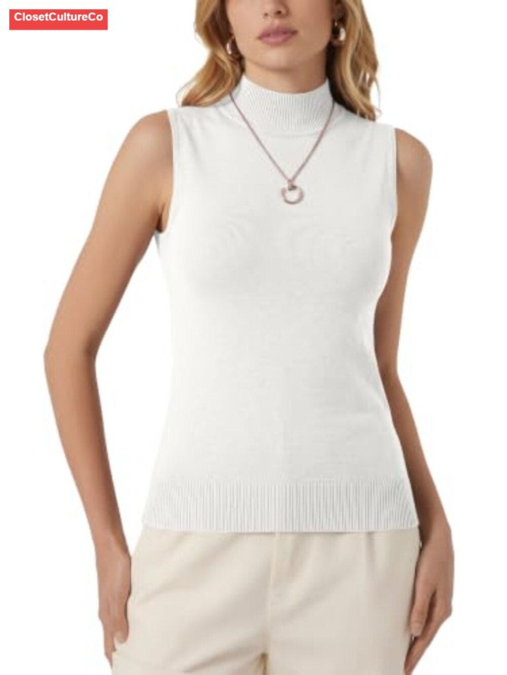 Sleeveless Mock Neck Knit Sweater Vest Ribbed Trim Pullover